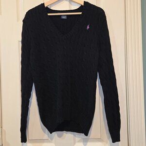 Ralph Lauren Sport Cable Knit V-Neck Sweater XL Black Cotton Purple Pony Classic